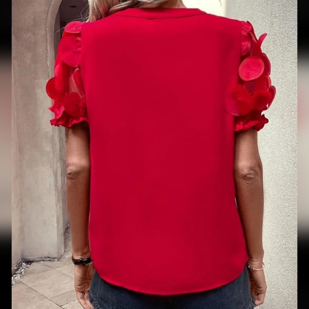 🐎 NEW! Red Women's  Dressy Blouse with Sheer Sleeves XL - Picture 2 of 3